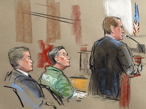In this artist depiction, U.S. Attorney Randy Bellows, right, addresses the court during the sentencing of convicted spy Robert Hanssen, centre, seen with his attorney Plato Cacheris, left, at the federal courthouse in Alexandria, Va., May 10, 2002.