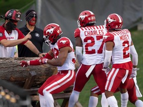 Stamps players celebrate touchdown