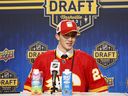 Samuel Honzek speaks to the media after being selected by the Calgary Flames with the 16th overall pick during the 2023 NHL Draft In Nashville on June 28, 2023.