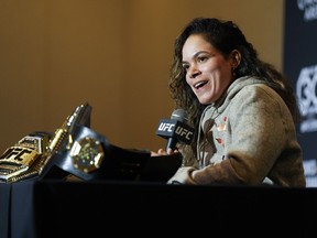 Amanda Nunes responds to questions during a news conference ahead of her fight against Irene Aldana at UFC 289, in Vancouver, B.C., Wednesday, June 7, 2023.