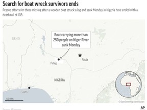 A boat accident Monday on the Niger River in Nigeria claimed 108 lives, mostly women and children, authorities and survivors said Thursday. (AP Graphic)