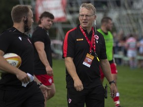 Canadian senior men's 15 team coach Kingsley Jones looks on during the team's warm up prior to the first match of the Rugby World Cup 2023 Qualification Pathway against the US Eagles, at the Swilers Rugby Club in St. John's, Saturday, Sept. 4, 2021.
