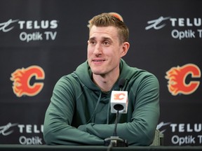 Calgary Flames Michael Stone speaks with the media at Scotiabank Saddledome