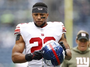 Saquon Barkley of the New York Giants warms up against the Seattle Seahawks.