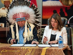 Tsuut'ina Nation Chief Roy Whitney and Danielle Smith