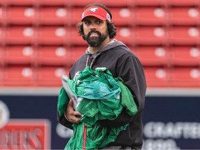 Calgary Stampeders special teams coordinator and assistant head coach Mark Kilam during practice at McMahon Stadium