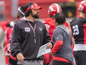 Calgary Stampeders special teams coordinator and assistant head coach Mark Kilam during practice at McMahon Stadium on Tuesday,