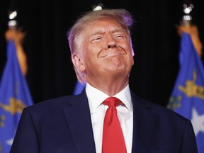 Former U.S. president and Republican presidential candidate Donald Trump smiles before he delivers remarks at a Nevada Republican volunteer recruiting event at Fervent: A Calvary Chapel on July 8, 2023, in Las Vegas.