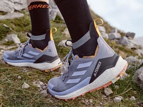 Adidas Terrex running shoes are shown in a handout. A Calgary-based technology company called Carbon Upcycling has signed a deal with Adidas that will see 400,000 pairs of running shoes printed with ink that contains embedded carbon emissions.