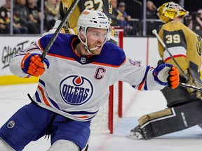 Connor McDavid of the Edmonton Oilers reacts after scoring a goal against the Vegas Golden Knights.