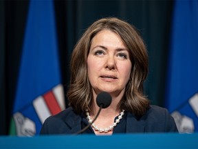 Alberta Premier Danielle Smith speaks at a press conference in McDougall Centre in Calgary on Monday, August 14, 2023.