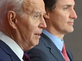 US President Joe Biden and Prime Minister Justin Trudeau hold a joint press conference at the Sir John A. Macdonald Building in Ottawa, on March 24, 2023.