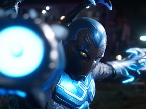 This image released by Warner Bros. Pictures shows Xolo Maridueña in a scene from "Blue Beetle."
