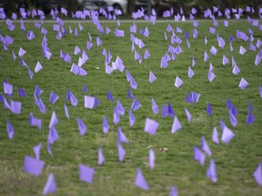 A field of flags planted in Richmond, B.C., each representing an overdose death, on April 14, 2023.