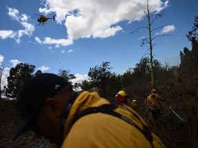 A firefighting helicopter drops supplies as Maui County firefighters extinguish a fire near homes during the upcountry Maui wildfires in Kula, Hawaii on August 13, 2023.
