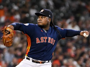 Framber Valdez of the Houston Astros pitches against the Cleveland Guardians at Minute Maid Park on August 1, 2023 in Houston.