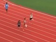 An "untrained" Somalian runner, left, lags behind other runners in 100m event at the World University Games in Chengdu, China.