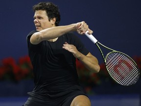 Canada's Milos Raonic used his strong serve to power his way to a 6-4, 6-3 second-round win over Japan's Taro Daniel at the National Bank Open on Wednesday. Raonic returns a ball to Frances Tiafoe of the USA at the National Bank Open tennis tournament in Toronto, Monday, Aug. 7, 2023.