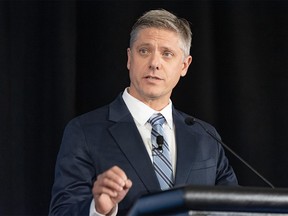 Chris Dinsdale, Calgary Airport Authority CEO, speaks at a lunch event hosted by the Calgary Chamber on Wednesday, September 6, 2023.