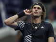 Alexander Zverev of Germany reacts during the fifth set against Jannik Sinner of Italy during their Men's Singles Fourth Round match at the 2023 US Open.