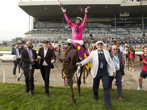 Jockey Patrick Husbands guides Paramount Prince (Pink silks) on way to capturing the 164th running of the $1,000,000 King's Plate.