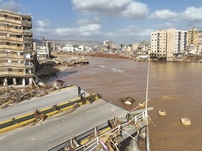 A general view of Derna, Libya, is seen on Tuesday, Sept. 12., 2023. Mediterranean storm Daniel caused devastating floods in Libya that broke dams and swept away entire neighbourhoods in multiple coastal towns and the destruction appeared greatest in Derna.