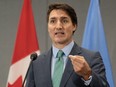 Prime Minister Justin Trudeau speaks during a news conference at the Canadian Permanent Mission, in New York, Thursday, Sept. 21, 2023.