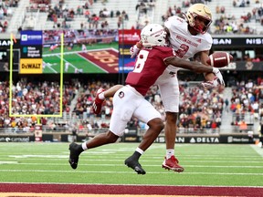Renardo Green #8 of the Florida State Seminoles breaks up a pass intended for Joseph Griffin Jr. #2 of the Boston College Eagles during the second half of the game at Alumni Stadium on September 16, 2023 in Chestnut Hill, Massachusetts.