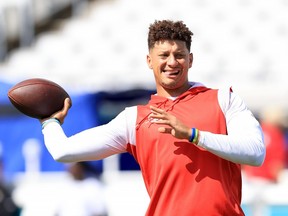 Patrick Mahomes #15 of the Kansas City Chiefs warms up before the game against the Jacksonville Jaguars at TIAA Bank Field on September 17, 2023 in Jacksonville, Florida.