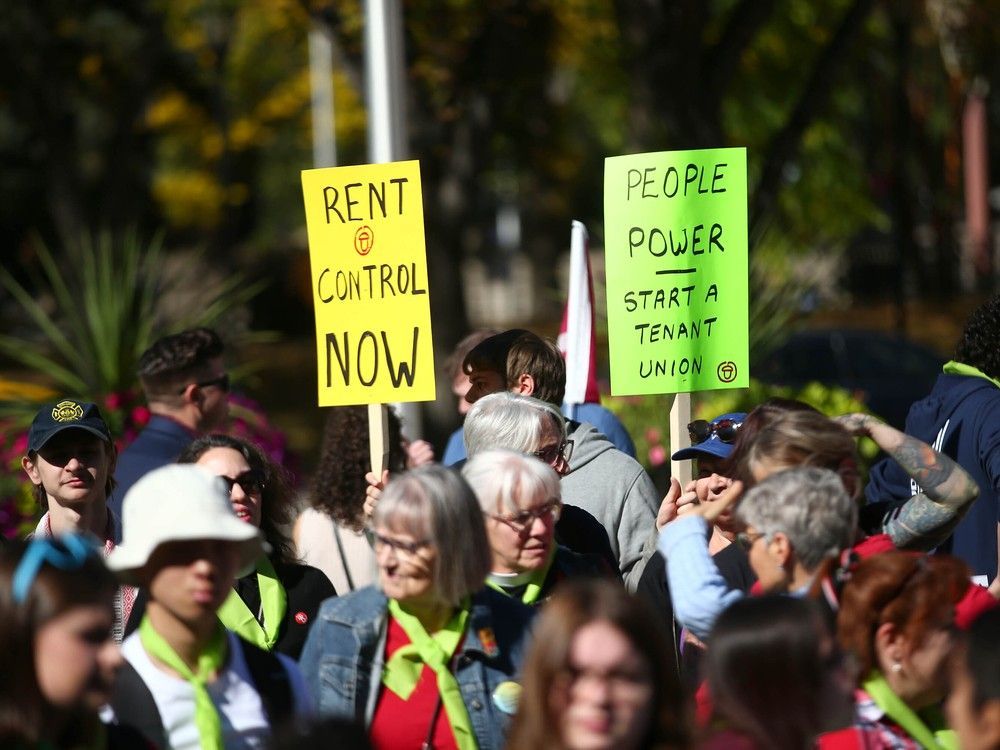 Supporters gather at city hall regarding the affordable housing issue in Calgary on Thursday, Sept. 14, 2023.