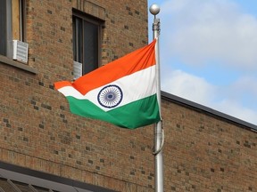 The Indian flag is seen flying at the High Commission of India in Ottawa, Wednesday, Sept. 20, 2023.