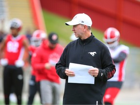 Calgary Stampeders coach Dave Dickenson at practice in Calgary on Tuesday