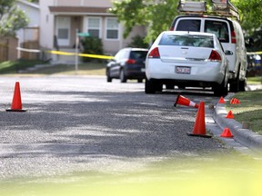 The scene of the shooting that left two men dead on Sandarac Road N.W. in Calgary on Aug. 28, 2020.