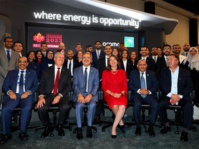 Premier Danielle Smith gets a tour of the Saudi Arabia display during the 24th World Petroleum Congress in Calgary on Sunday, September 17, 2023.