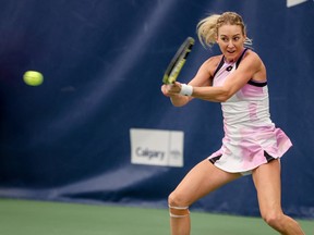 Poland's Urszula Radwanska hits during the Calgary National Bank Challenger women's singles final against USA's Robin Montgomery at the Osten & Victor Alberta Tennis Centre on Sunday,