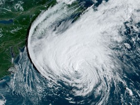 This satellite image provided by CSU/CIRA-NOAA shows hurricane Lee in the Atlantic Ocean on Friday, September 15, 2023. Residents of the Maritimes are being warned to prepare for damaging winds, large waves, flooding and power outages as hurricane Lee is expected to transform into a large, powerful post-tropical storm Saturday after entering Canadian waters. THE CANADIAN PRESS/HO-CSU/CIRA-NOAA *MANDATORY CREDIT*