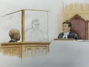 Yannick Bandaogo (left) appears in court before Justice Geoffrey Gaul in New Westminster, B.C. on Monday, May 29, 2023 in this artist's sketch.