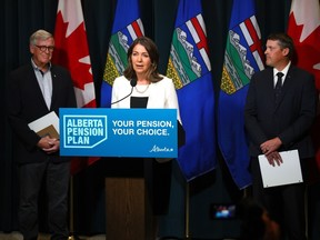 Danielle Smith, Premier, Nate Horner, President of Treasury Board and Minister of Finance and Jim Dinning, chair, Alberta Pension Plan Report Engagement Panel release an independent report on a potential Alberta Pension Plan in Calgary on Wednesday, September 20, 2023. Darren Makowichuk/Postmedia