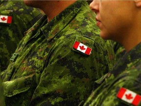 Canadian flag shoulder patches on armed forces uniforms.