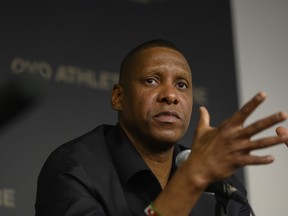 Toronto Raptors president Masai Ujiri is dismissive of a lawsuit brought against his team by the rival New York Knicks. Ujiri attends a news conference in Toronto, Friday, April 21, 2023.&ampnbsp;