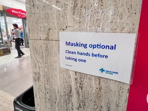 A masking station at the entrance to the Foothills Hospital was photographed on Thursday, Oct. 12. Alberta Health Services has issued a new masking directive affecting certain areas of Calgary hospitals.