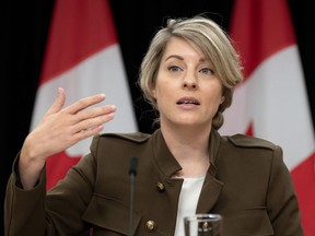 Minister of Foreign Affairs Mélanie Joly speaks during a news conference concerning the situation in Israel, Wednesday, October 11, 2023 in Ottawa.