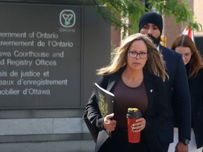 The criminal trial of two prominent "Freedom Convoy" organizers is expected to resume Wednesday with a ruling on whether the court will hear testimony from local Ottawa residents. Tamara Lich arrives at the courthouse for trial in Ottawa on Monday, September 18, 2023.