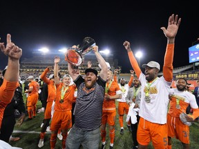 Forge FC celebrates winning the Canadian Premier League Championship after a 2-1 victory over Cavalry FC on Saturday