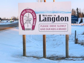 A sign is shown on Highway 797 looking northbound on the eastern entrance to the town of Langdon, about 35 km east of Calgary on Thursday January 16, 2014.