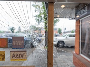 The windows and glass doors of a business at Castleridge Plaza were shattered and broken during a clash between two Eritrean groups with conflicting views of their home country's politics.