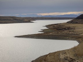 The receding waters of Pine Coulee Reservoir reveal former high-water marks west of Parkland, Ab., on Tuesday, November 7, 2023.