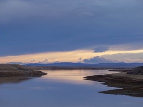 Pine Coulee Reservoir in late-day light west of Stavely, Ab., on Tuesday, November 7, 2023.