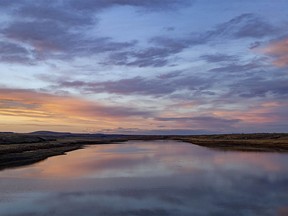 Evening colour over Pine Coulee Reservoir west of Stavely, Ab., on Tuesday, November 7, 2023.