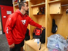 Calgary Stampeders Jake Maier is shown the locker room at McMahon Stadium.